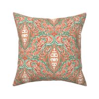 Lake life conoe fishing coral brown green whimsical damask by Jac Slade