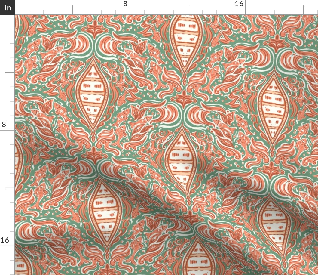 Lake life conoe fishing coral brown green whimsical damask by Jac Slade