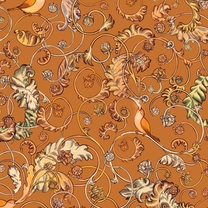 Autumn fall whimsical william morris style songbirds GINGER tan camel earthy