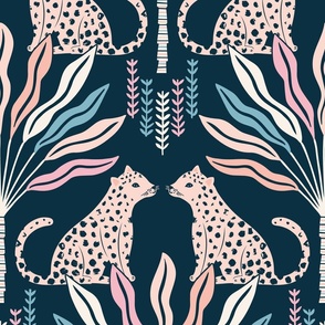 Big Cats Amongst Palms, navy blue (xlarge) - spotted tropical jungle kitties