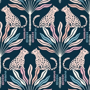 Big Cats Amongst Palms, navy blue (large) - spotted tropical jungle kitties