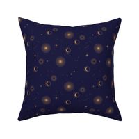 Boho island nights - moon stars and sun breeze constellation and magic sky design golden on navy blue night