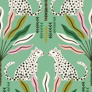 Big Cats Amongst Palms, mint green (xlarge) - spotted tropical jungle kitties