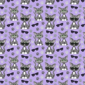 Cool cartoon cats on a lavender/lilac background.