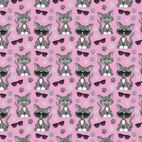 Cool cartoon cats on a dusty pink background.