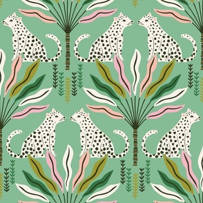 Big Cats Amongst Palms, mint green (large) - spotted tropical jungle kitties