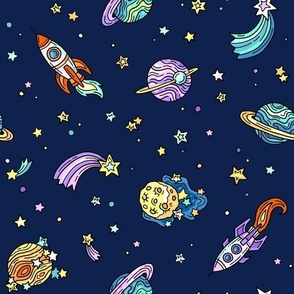 Space Adventure. Dark Blue Celestial Kids Pattern