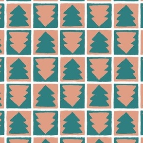 Christmas Tree Checkerboard Teal and Peach on White Small Scale