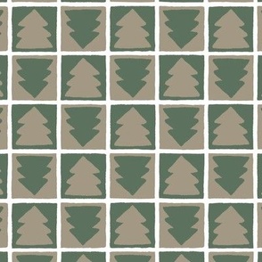 Christmas Tree Checkerboard Taupe and Green on White Small Scale