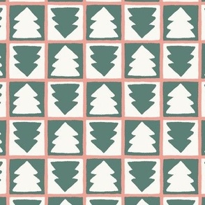 Christmas Tree Checkerboard Wintergreen and Cream on Pink Small Scale