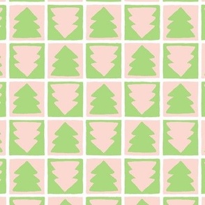 Christmas Tree Checkerboard Pink and Green on White Small Scale
