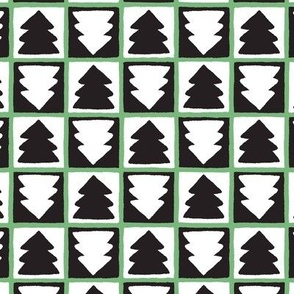 Christmas Tree Checkerboard Black and White and Green Small Scale