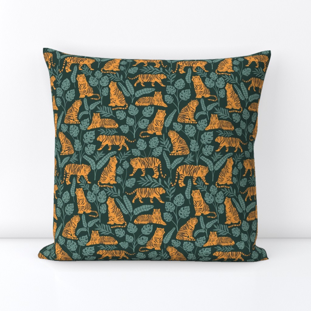 Tigers and Jungle Plants in Deep Green | Medium Version | Bohemian Style Pattern with Green Leaves