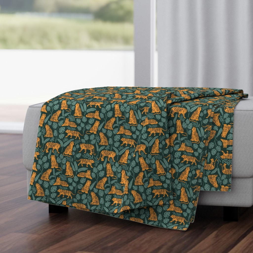 Tigers and Jungle Plants in Deep Green | Medium Version | Bohemian Style Pattern with Green Leaves