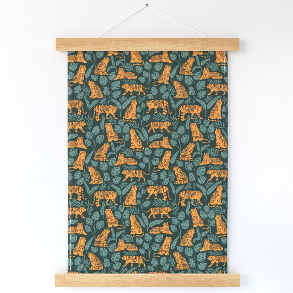 Tigers and Jungle Plants in Deep Green | Medium Version | Bohemian Style Pattern with Green Leaves