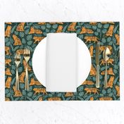 Tigers and Jungle Plants in Deep Green | Medium Version | Bohemian Style Pattern with Green Leaves