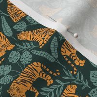 Tigers and Jungle Plants in Deep Green | Small Version | Bohemian Style Pattern with Green Leaves