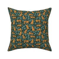 Tigers and Jungle Plants in Deep Green | Small Version | Bohemian Style Pattern with Green Leaves