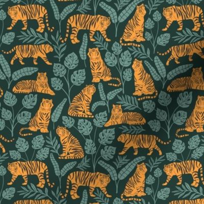 Tigers and Jungle Plants in Deep Green | Small Version | Bohemian Style Pattern with Green Leaves