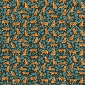 Tigers and Jungle Plants in Deep Green | Small Version | Bohemian Style Pattern with Green Leaves