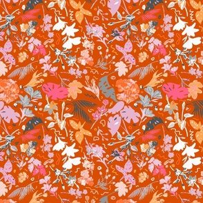 Exquisite Floral Symphony: Warm Pinks, Purple, Orange & Fuchsia on Red