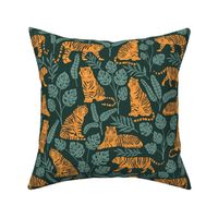 Tigers and Jungle Plants in Deep Green | Large Version | Bohemian Style Pattern with Green Leaves