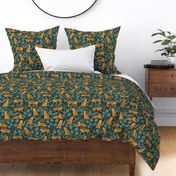 Tigers and Jungle Plants in Deep Green | Large Version | Bohemian Style Pattern with Green Leaves