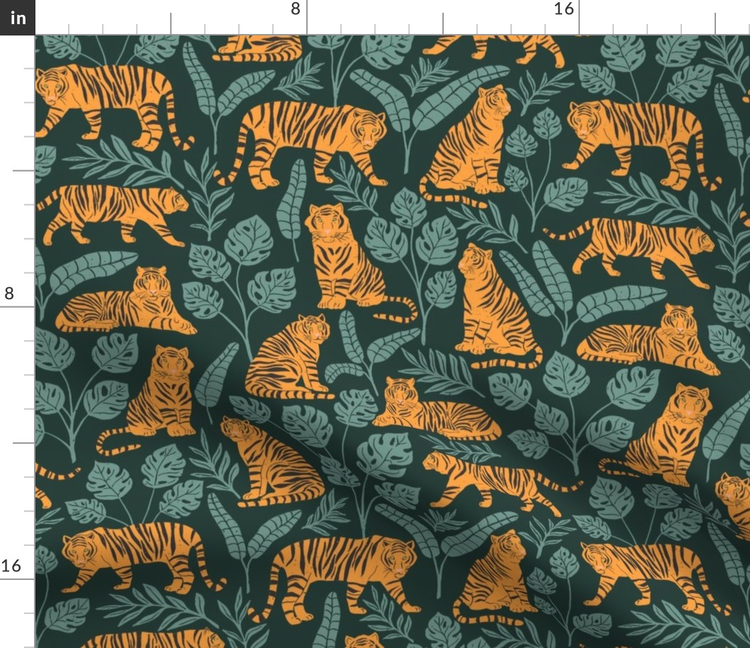 Tigers and Jungle Plants in Deep Green | Large Version | Bohemian Style Pattern with Green Leaves