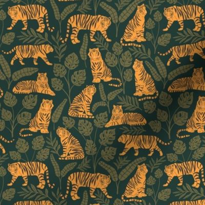 Tigers and Jungle Plants in Jungle Green | Small Version | Bohemian Style Pattern with Green Leaves