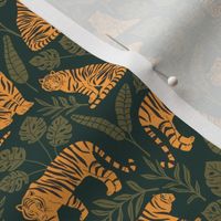 Tigers and Jungle Plants in Jungle Green | Small Version | Bohemian Style Pattern with Green Leaves