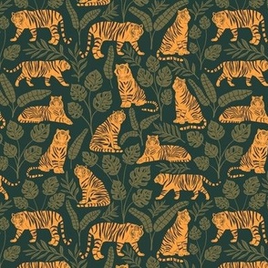 Tigers and Jungle Plants in Jungle Green | Small Version | Bohemian Style Pattern with Green Leaves