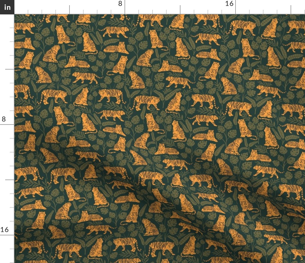 Tigers and Jungle Plants in Jungle Green | Small Version | Bohemian Style Pattern with Green Leaves