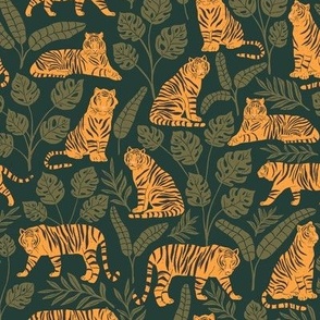Tigers and Jungle Plants in Jungle Green | Medium Version | Bohemian Style Pattern with Green Leaves