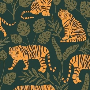 Tigers and Jungle Plants in Jungle Green | Large Version | Bohemian Style Pattern with Green Leaves