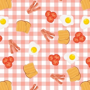 English Cooked Breakfast Bacon, Eggs, Tomato and Toast on Peach Gingham Check
