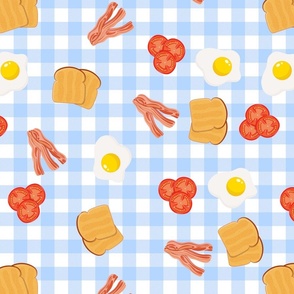English Cooked Breakfast Bacon, Eggs, Tomato and Toast on Pale Blue Gingham Check