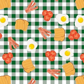 English Cooked Breakfast Bacon, Eggs, Tomato and Toast on Dark Green Gingham Check
