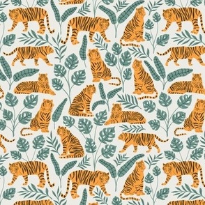 Tigers and Jungle Plants in the Morning | Small Version | Bohemian Style Pattern with Green Leaves