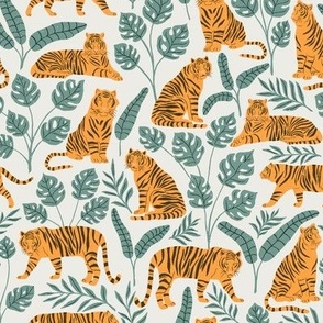 Tigers and Jungle Plants in the Morning | Medium Version | Bohemian Style Pattern with Green Leaves