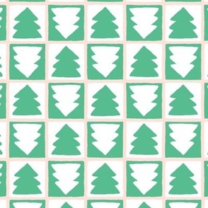 Christmas Tree Checkerboard Green and White on Pink  Small Scale