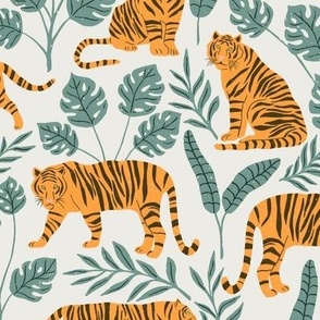 Tigers and Jungle Plants in the Morning | Large Version | Bohemian Style Pattern with Green Leaves