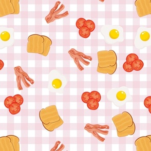 English Cooked Breakfast Bacon, Eggs, Tomato and Toast on Pale Pink Gingham Check