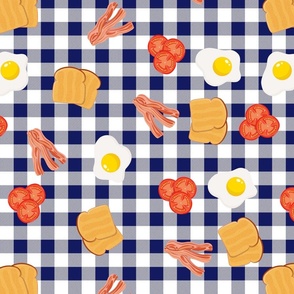 English Cooked Breakfast Bacon, Eggs, Tomato and Toast on Navy Gingham Check