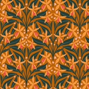 Wild Jungle Flowers in Earthen Yellow | Medium Version | Bohemian Style Pattern with Gold Petals and Green Leaves