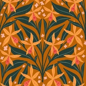 Wild Jungle Flowers in Earthen Yellow | Large Version | Bohemian Style Pattern with Gold Petals and Green Leaves