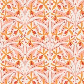 Wild Jungle Flowers in Paradise Pink  | Medium Version | Bohemian Style Pattern with Gold Petals and Pink Leaves