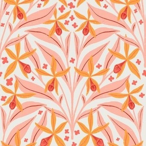 Wild Jungle Flowers in Paradise Pink  | Large Version | Bohemian Style Pattern with Gold Petals and Pink Leaves