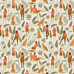 Women and Cheetahs in the Jungle in the Morning | Small Version | Bohemian Style Pattern with Green Leaves