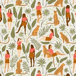 Women and Cheetahs in the Jungle in the Morning | Medium Version | Bohemian Style Pattern with Green Leaves