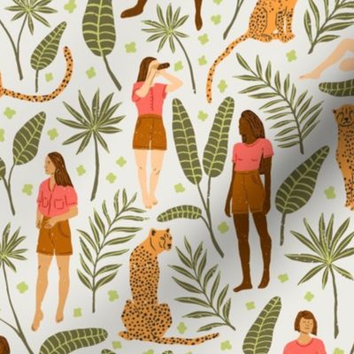 Women and Cheetahs in the Jungle in the Morning | Large Version | Bohemian Style Pattern with Green Leaves